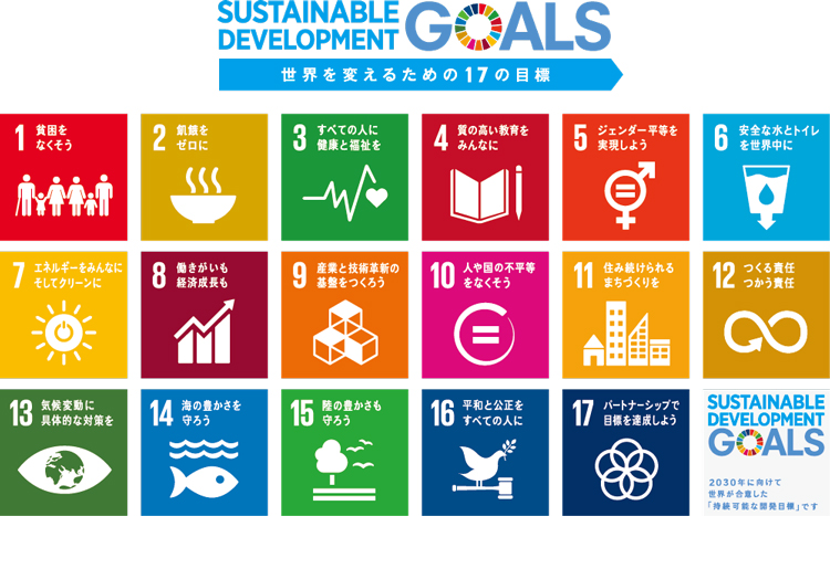 「経営理念の下、国際社会の一員として、
				人々が幸せに暮らす<br>社会を目指し、
				SDGsの目標達成に向けて、取り組んでまいります。」
				
